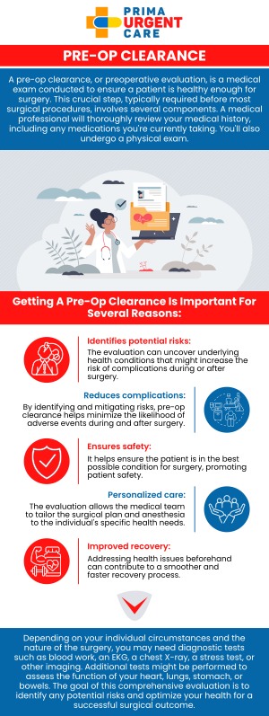 Common questions asked by patients: What is a pre-op physical exam? Why is a pre-op physical necessary before surgery? Can pre-op physicals help identify risks before surgery? Do I need to fast before my pre-op physical exam? Can I get my pre-op physical at an urgent care center? Pre-op physicals are essential to ensure you are medically prepared for surgery and to minimize potential risks. At Prima Urgent Care, our medical team provides thorough pre-op evaluations to support safe and successful procedures. For more information, contact us today or book an appointment online. We are conveniently located at 3903 Fair Ridge Dr Suite Q, Fairfax, VA 22033. We serve patients from Fairfax VA, South Riding VA, Dulles VA, Chantilly VA, Stone Ridge VA, Oakton VA, Legato VA, Burke VA, Oak Hill, Lees Corner VA & BEYOND! Our Fairfax location is close to Fair Oaks Hospital, Fair Oaks Mall, and Greenbriar Shopping Center. Common questions asked by patients: What is a pre-op physical exam? Why is a pre-op physical necessary before surgery? Can pre-op physicals help identify risks before surgery? Do I need to fast before my pre-op physical exam? Can I get my pre-op physical at an urgent care center?
Pre-op physicals are essential to ensure you are medically prepared for surgery and to minimize potential risks. At Prima Urgent Care, our medical team provides thorough pre-op evaluations to support safe and successful procedures. For more information, contact us today or book an appointment online. We are conveniently located at 3903 Fair Ridge Dr Suite Q, Fairfax, VA 22033. We serve patients from Fairfax VA, South Riding VA, Dulles VA, Chantilly VA, Stone Ridge VA, Oakton VA, Legato VA, Burke VA, Oak Hill, Lees Corner VA & BEYOND! Our Fairfax location is close to Fair Oaks Hospital, Fair Oaks Mall, and Greenbriar Shopping Center.