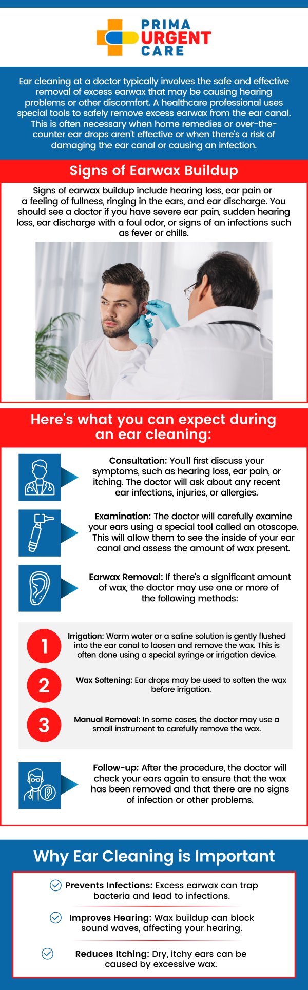 Ear wax removal is a simple procedure to clear excess wax buildup that can cause discomfort or affect hearing. The cost of ear wax removal without insurance typically ranges from $75 to $175. The cost of ear wax removal without insurance can vary depending on the provider and location. At Prima Urgent Care, we offer affordable ear wax removal services to help alleviate discomfort caused by buildup. Our experienced healthcare professionals use safe, effective techniques to remove ear wax and restore hearing. For more information, contact us today or book an appointment online. We are conveniently located at 3903 Fair Ridge Dr Suite Q, Fairfax, VA 22033. Ear wax removal is a simple procedure to clear excess wax buildup that can cause discomfort or affect hearing. The cost of ear wax removal without insurance typically ranges from $75 to $175. The cost of ear wax removal without insurance can vary depending on the provider and location. At Prima Urgent Care, we offer affordable ear wax removal services to help alleviate discomfort caused by buildup. Our experienced healthcare professionals use safe, effective techniques to remove ear wax and restore hearing. For more information, contact us today or book an appointment online. We are conveniently located at 3903 Fair Ridge Dr Suite Q, Fairfax, VA 22033.