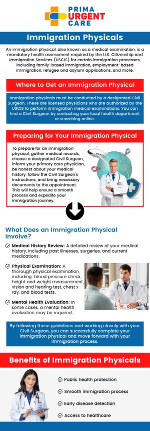 An immigration physical exam is a required health examination for individuals seeking to immigrate to the United States. At Prima Urgent Care, we offer comprehensive immigration physical exams to meet the requirements set by the U.S. Citizenship and Immigration Services (USCIS). Our professional healthcare professionals provide quick and reliable services to ensure you complete the required immigration medical exam efficiently and accurately. For more information, contact us today or book an appointment online. We are conveniently located at 3903 Fair Ridge Dr Suite Q, Fairfax, VA 22033.