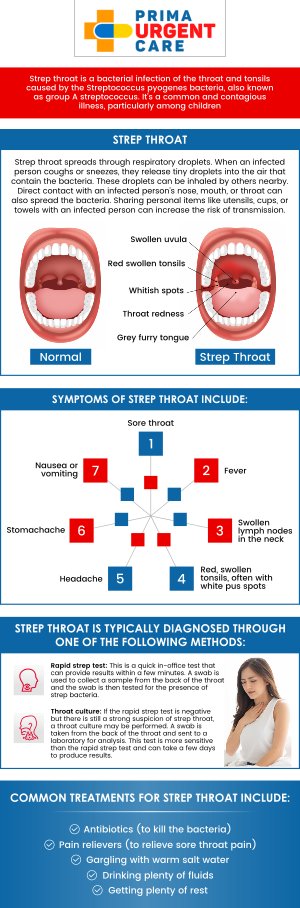 Strep throat is a bacterial infection that can cause a sudden sore throat, fever, and swollen tonsils. At Prima Urgent Care, our professional team provides rapid strep throat testing and treatment to help you feel better and prevent complications. Our medical staff ensures an accurate diagnosis so you receive the right care without unnecessary delays. For more information, contact us or book an appointment online. We are conveniently located at 3903 Fair Ridge Dr Suite Q, Fairfax, VA 22033. Strep throat is a bacterial infection that can cause a sudden sore throat, fever, and swollen tonsils. At Prima Urgent Care, our professional team provides rapid strep throat testing and treatment to help you feel better and prevent complications. Our medical staff ensures an accurate diagnosis so you receive the right care without unnecessary delays. For more information, contact us or book an appointment online. We are conveniently located at 3903 Fair Ridge Dr Suite Q, Fairfax, VA 22033.