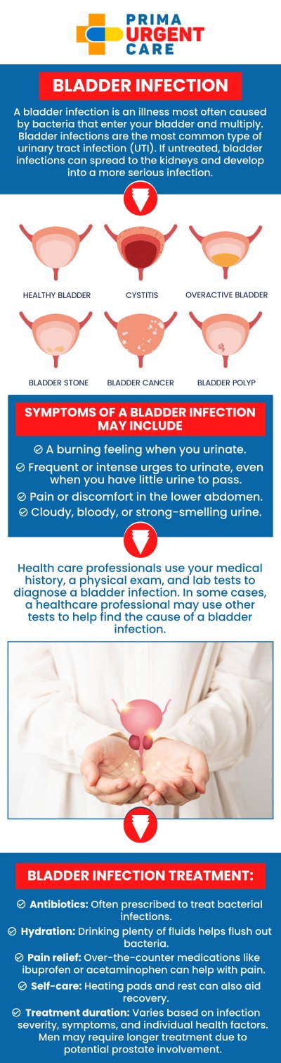 Bladder infections, also known as urinary tract infections (UTIs), can cause discomfort and disrupt daily life. At Prima Urgent Care, our professional team is dedicated to providing fast and effective bladder infection treatment in Fairfax, VA. We provide personalized treatment plans to help you recover quickly and prevent further complications. For more information, contact us today or book an appointment online. We are conveniently located at 3903 Fair Ridge Dr Suite Q, Fairfax, VA 22033.