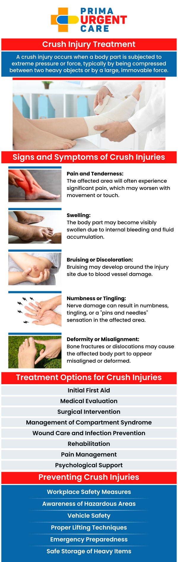 Common Questions Asked by Patients: What are examples of crush injuries? What are the complications of crush injuries? How do urgent care doctors treat crush injuries? Crush injuries occur when a body part is subjected to extreme pressure, often resulting in damage to muscles, bones, and tissues. Timely treatment is essential to minimize complications and promote healing, ensuring the best possible outcome for recovery. At Prima Urgent Care, our medical team provides immediate care for crush injuries, focusing on relieving pain, reducing swelling, and preventing infection. For more information, contact us today or book an appointment online. We are conveniently located at 3903 Fair Ridge Dr Suite Q, Fairfax, VA 22033. We serve patients from Fairfax VA, South Riding VA, Dulles VA, Chantilly VA, Stone Ridge VA, Oakton VA, Legato VA, Burke VA, Oak Hill, Lees Corner VA & BEYOND! Our Fairfax location is close to Fair Oaks Hospital, Fair Oaks Mall, and Greenbriar Shopping Center. Common Questions Asked by Patients: What are examples of crush injuries? What are the complications of crush injuries? How do urgent care doctors treat crush injuries?
Crush injuries occur when a body part is subjected to extreme pressure, often resulting in damage to muscles, bones, and tissues. Timely treatment is essential to minimize complications and promote healing, ensuring the best possible outcome for recovery. At Prima Urgent Care, our medical team provides immediate care for crush injuries, focusing on relieving pain, reducing swelling, and preventing infection. For more information, contact us today or book an appointment online. We are conveniently located at 3903 Fair Ridge Dr Suite Q, Fairfax, VA 22033. We serve patients from Fairfax VA, South Riding VA, Dulles VA, Chantilly VA, Stone Ridge VA, Oakton VA, Legato VA, Burke VA, Oak Hill, Lees Corner VA & BEYOND! Our Fairfax location is close to Fair Oaks Hospital, Fair Oaks Mall, and Greenbriar Shopping Center.