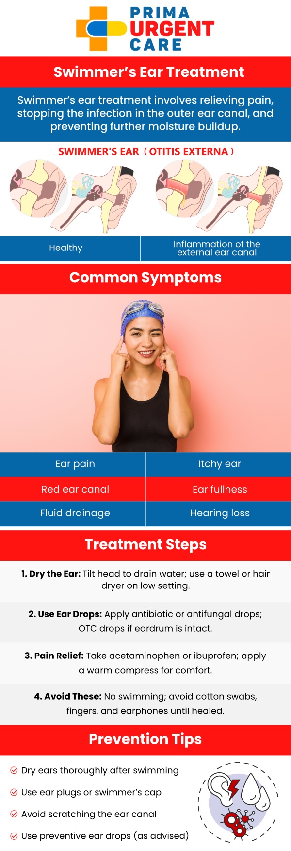 Common Questions Asked by Patients: Will the swimmer's ear go away by itself? How long does it take for the swimmer's ear to go away? What happens if the swimmer's ear goes untreated?

Swimmer’s ear, an outer ear canal infection caused by water exposure, can cause discomfort and pain. At Prima Urgent Care, our medical team offers prompt diagnosis and treatment for swimmer’s ears. We provide effective remedies to relieve symptoms, clear infections, and prevent future occurrences, helping you get back to enjoying your favorite activities without discomfort. For more information, contact us or book an appointment online. We are conveniently located at 3903 Fair Ridge Dr Suite Q, Fairfax, VA 22033. We serve patients from Fairfax VA, South Riding VA, Dulles VA, Chantilly VA, Stone Ridge VA, Oakton VA, Legato VA, Burke VA, Oak Hill, Lees Corner VA & BEYOND! Our Fairfax location is close to Fair Oaks Hospital, Fair Oaks Mall, and Greenbriar Shopping Center.