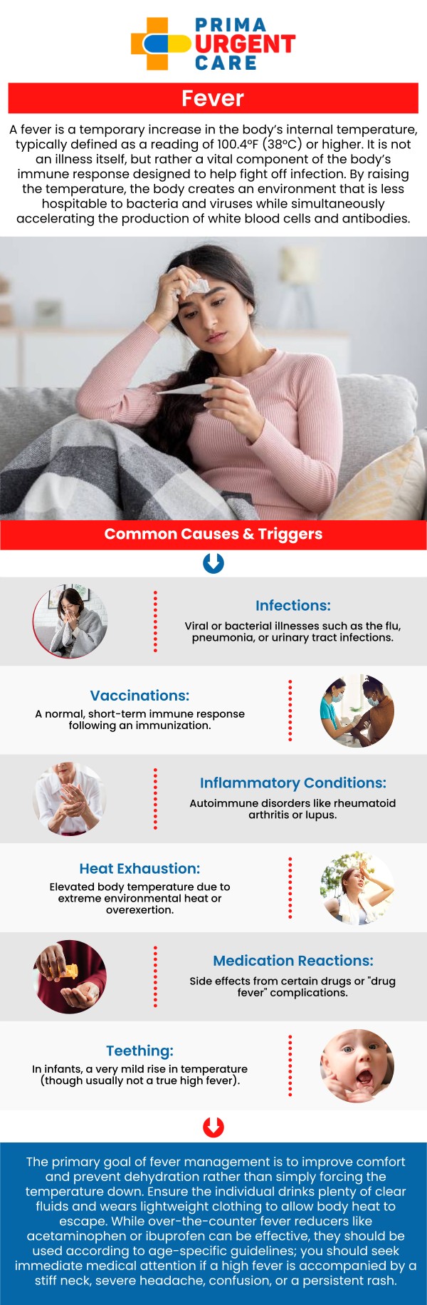 Fever is a common symptom of many conditions, but knowing when to seek medical help is important. At Prima Urgent Care in Fairfax, VA, we’re here to provide fever treatment for all ages. Our professional team offers quick and accurate diagnosis to get you the treatment you need. We also provide guidance on managing symptoms at home while monitoring for potential complications, ensuring you receive the best care. For more information, contact us today or book an appointment online. We are conveniently located at 3903 Fair Ridge Dr Suite Q, Fairfax, VA 22033.