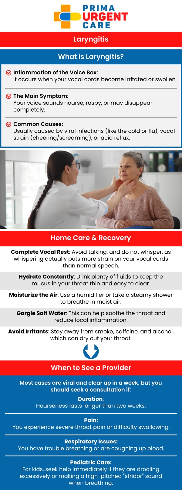 Common Questions Asked by Patients: What is the main cause of laryngitis? Is laryngitis very contagious? How do you fix laryngitis?

Laryngitis, an inflammation of the voice box, can cause a sore throat, hoarseness, and difficulty speaking. At Prima Urgent Care, we provide fast and effective treatment for laryngitis to help relieve symptoms and promote healing. Our medical professionals offer supportive care and guidance to manage your condition, ensuring a quicker recovery. For more information, contact us or book an appointment online. We are conveniently located at 3903 Fair Ridge Dr Suite Q, Fairfax, VA 22033. We serve patients from Fairfax VA, South Riding VA, Dulles VA, Chantilly VA, Stone Ridge VA, Oakton VA, Legato VA, Burke VA, Oak Hill, Lees Corner VA & BEYOND! Our Fairfax location is close to Fair Oaks Hospital, Fair Oaks Mall, and Greenbriar Shopping Center.