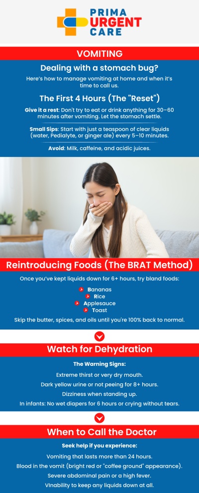 Common Questions Asked by Patients: What can urgent care do for vomiting? Should I go to urgent care for nausea and diarrhea? What is considered excessive vomiting?

Symptoms of vomiting, such as nausea and dehydration, can disrupt your day and signal an underlying health issue. At Prima Urgent Care, our medical team assesses the cause of your vomiting and provides appropriate treatments to help alleviate your symptoms. Whether caused by a viral infection, food intolerance, or other conditions, we offer quick relief to get you back on track. For more information, contact us or book an appointment online. We are conveniently located at 3903 Fair Ridge Dr Suite Q, Fairfax, VA 22033. We serve patients from Fairfax VA, South Riding VA, Dulles VA, Chantilly VA, Stone Ridge VA, Oakton VA, Legato VA, Burke VA, Oak Hill, Lees Corner VA & BEYOND! Our Fairfax location is close to Fair Oaks Hospital, Fair Oaks Mall, and Greenbriar Shopping Center.