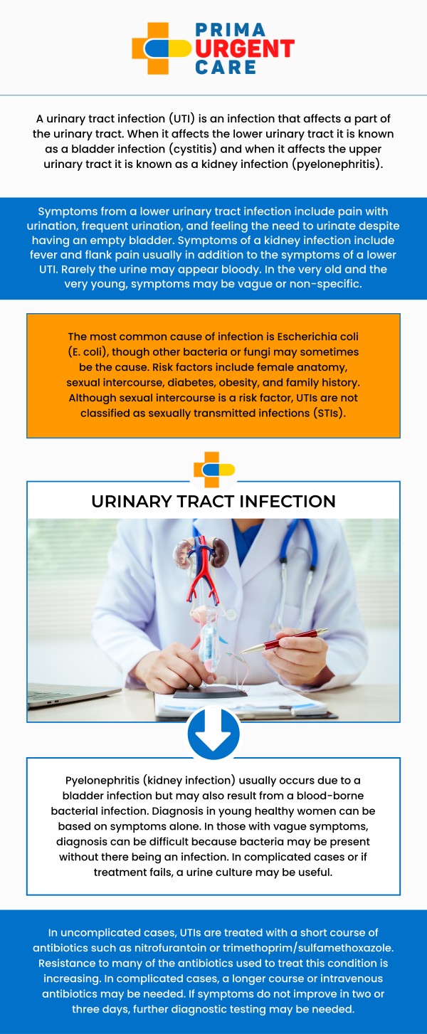 Prima Urgent Care offers fast and effective care for urinary tract infections (UTIs) in patients of all ages. We provide diagnostic testing, symptom management, and guidance for follow-up care to prevent recurrence. By delivering prompt attention in a comfortable environment, our professional team ensures patients in Fairfax experience relief from UTI symptoms and receive the support needed for a full recovery. Contact us today for more information or schedule an appointment online. We are conveniently located at 3903 Fair Ridge Dr Suite Q, Fairfax, VA 22033.