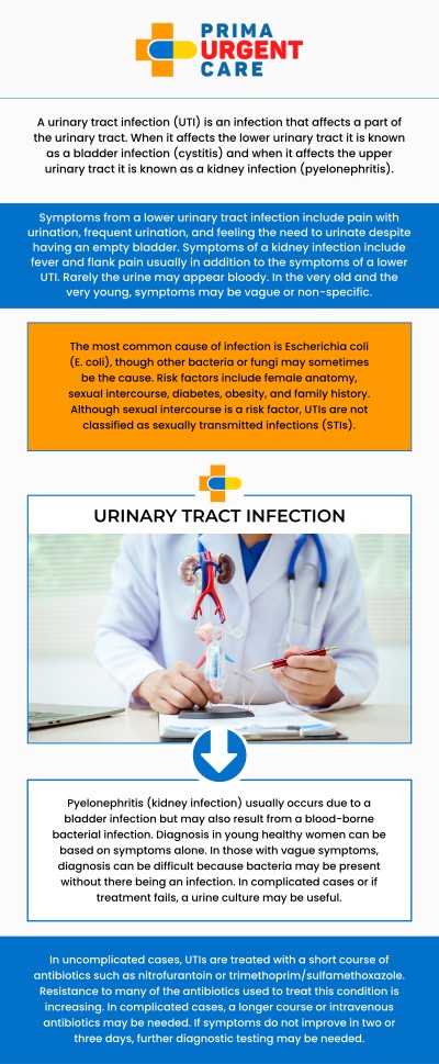 Prima Urgent Care offers fast and effective care for urinary tract infections (UTIs) in patients of all ages. We provide diagnostic testing, symptom management, and guidance for follow-up care to prevent recurrence. By delivering prompt attention in a comfortable environment, our professional team ensures patients in Fairfax experience relief from UTI symptoms and receive the support needed for a full recovery. Contact us today for more information or schedule an appointment online. We are conveniently located at 3903 Fair Ridge Dr Suite Q, Fairfax, VA 22033.